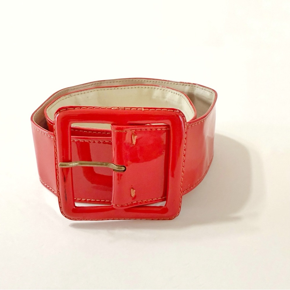 VINTAGE YVES SAINT LAURENT RED PATENT LEATHER BELT - Picture 1 of 7